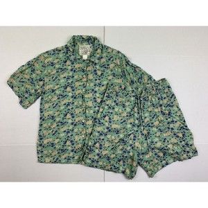Committed Women's S Set of 2 Piece Floral Green Top Button up + Shorts Drawstrin